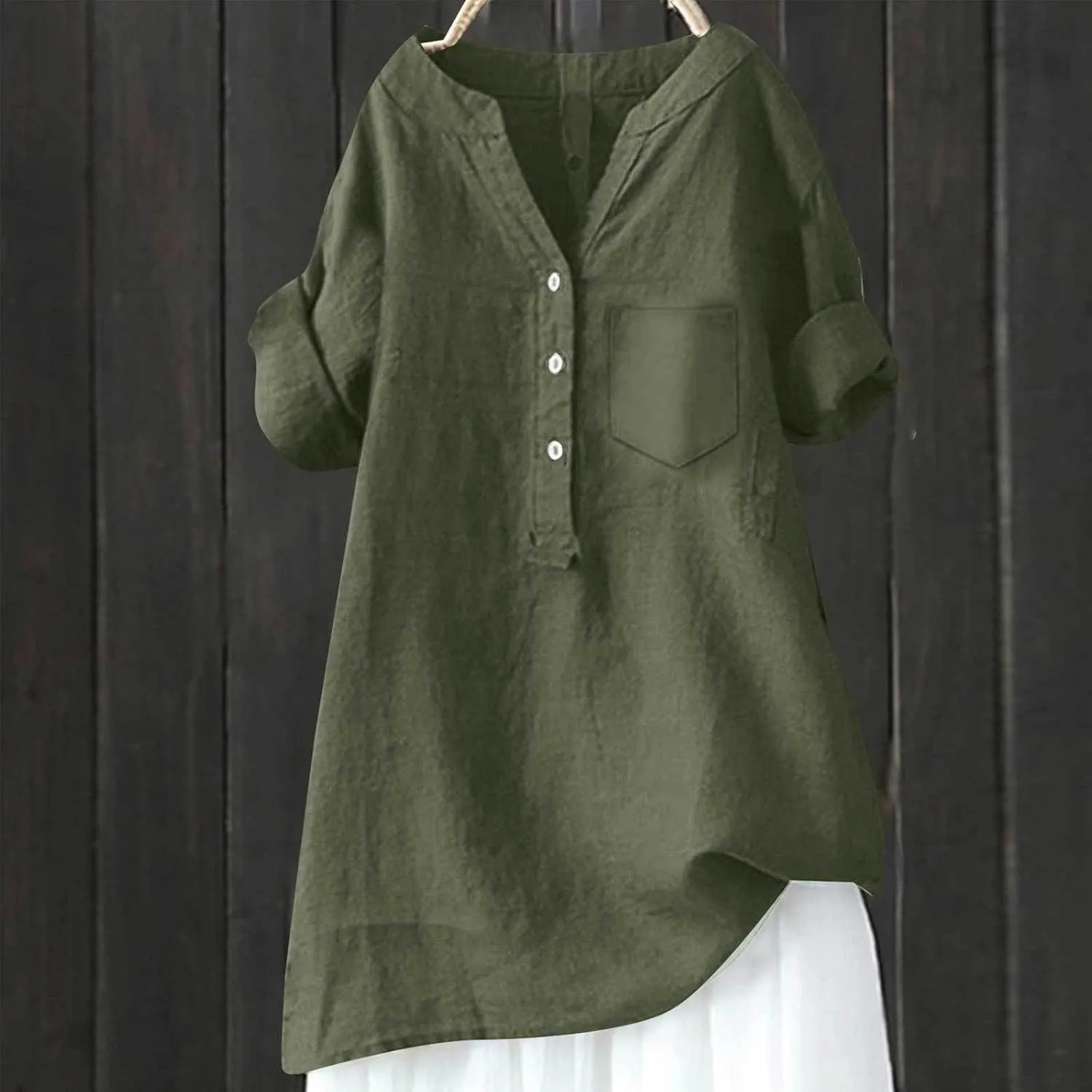 Women's Linen Button Down Shirts Short Sleeve V Neck Tshirts Light Weight Plain Blouses Casual Loose Fit Tunic Tops