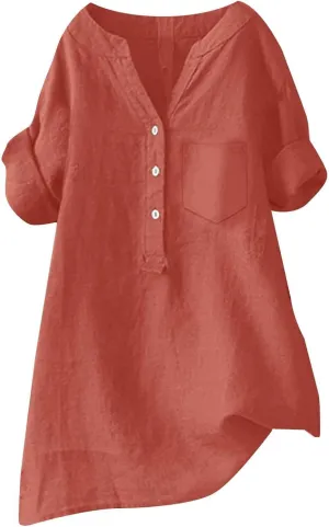 Women's Linen Button Down Shirts Short Sleeve V Neck Tshirts Light Weight Plain Blouses Casual Loose Fit Tunic Tops