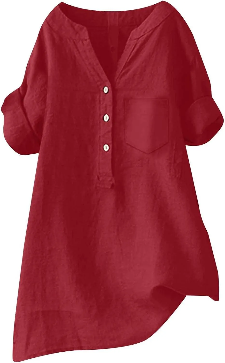 Women's Linen Button Down Shirts Short Sleeve V Neck Tshirts Light Weight Plain Blouses Casual Loose Fit Tunic Tops
