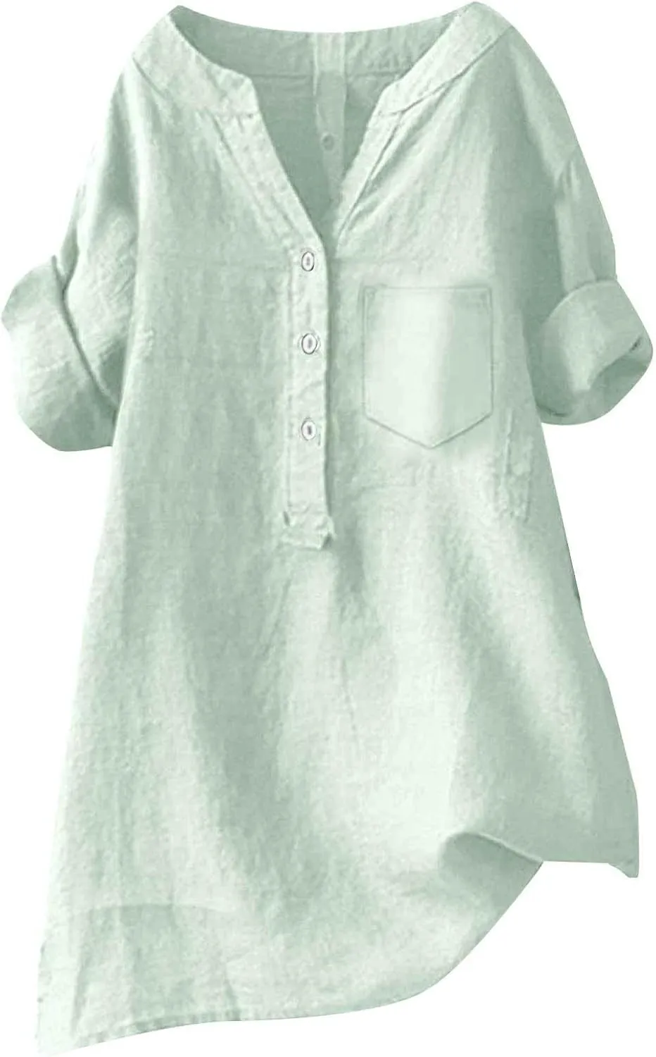 Women's Linen Button Down Shirts Short Sleeve V Neck Tshirts Light Weight Plain Blouses Casual Loose Fit Tunic Tops