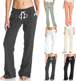 Womens Linen Pants Casual Dressy Drawstring Waist Pants Comfy Straight Leg Fitted Yoga Long Trousers with Pockets