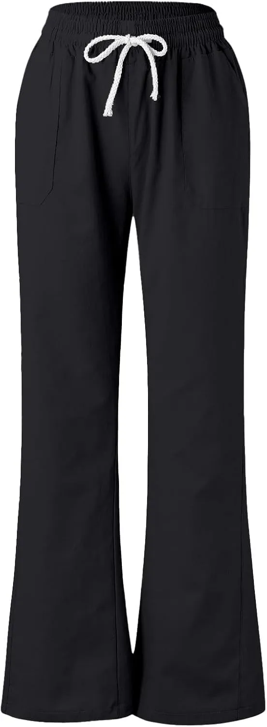 Womens Linen Pants Casual Dressy Drawstring Waist Pants Comfy Straight Leg Fitted Yoga Long Trousers with Pockets