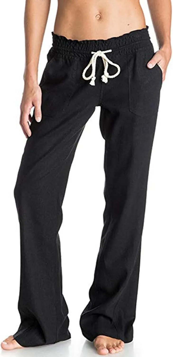 Womens Linen Pants Casual Dressy Drawstring Waist Pants Comfy Straight Leg Fitted Yoga Long Trousers with Pockets