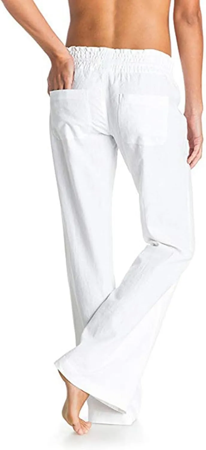 Womens Linen Pants Casual Dressy Drawstring Waist Pants Comfy Straight Leg Fitted Yoga Long Trousers with Pockets