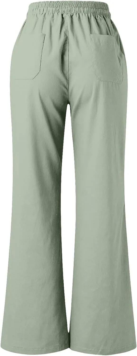 Womens Linen Pants Casual Dressy Drawstring Waist Pants Comfy Straight Leg Fitted Yoga Long Trousers with Pockets