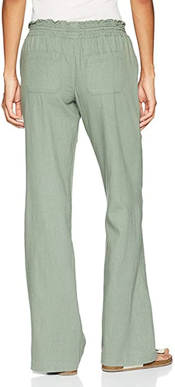 Womens Linen Pants Casual Dressy Drawstring Waist Pants Comfy Straight Leg Fitted Yoga Long Trousers with Pockets