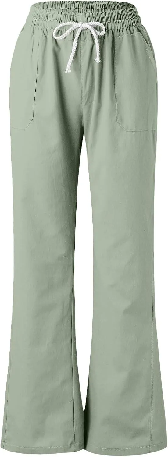 Womens Linen Pants Casual Dressy Drawstring Waist Pants Comfy Straight Leg Fitted Yoga Long Trousers with Pockets