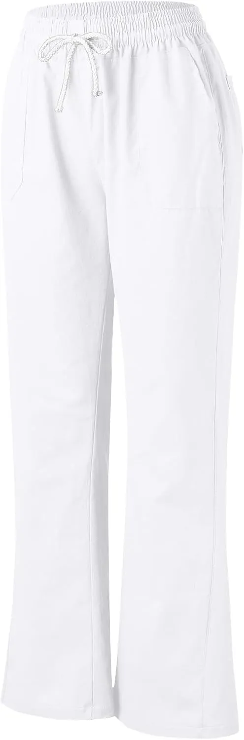 Womens Linen Pants Casual Dressy Drawstring Waist Pants Comfy Straight Leg Fitted Yoga Long Trousers with Pockets