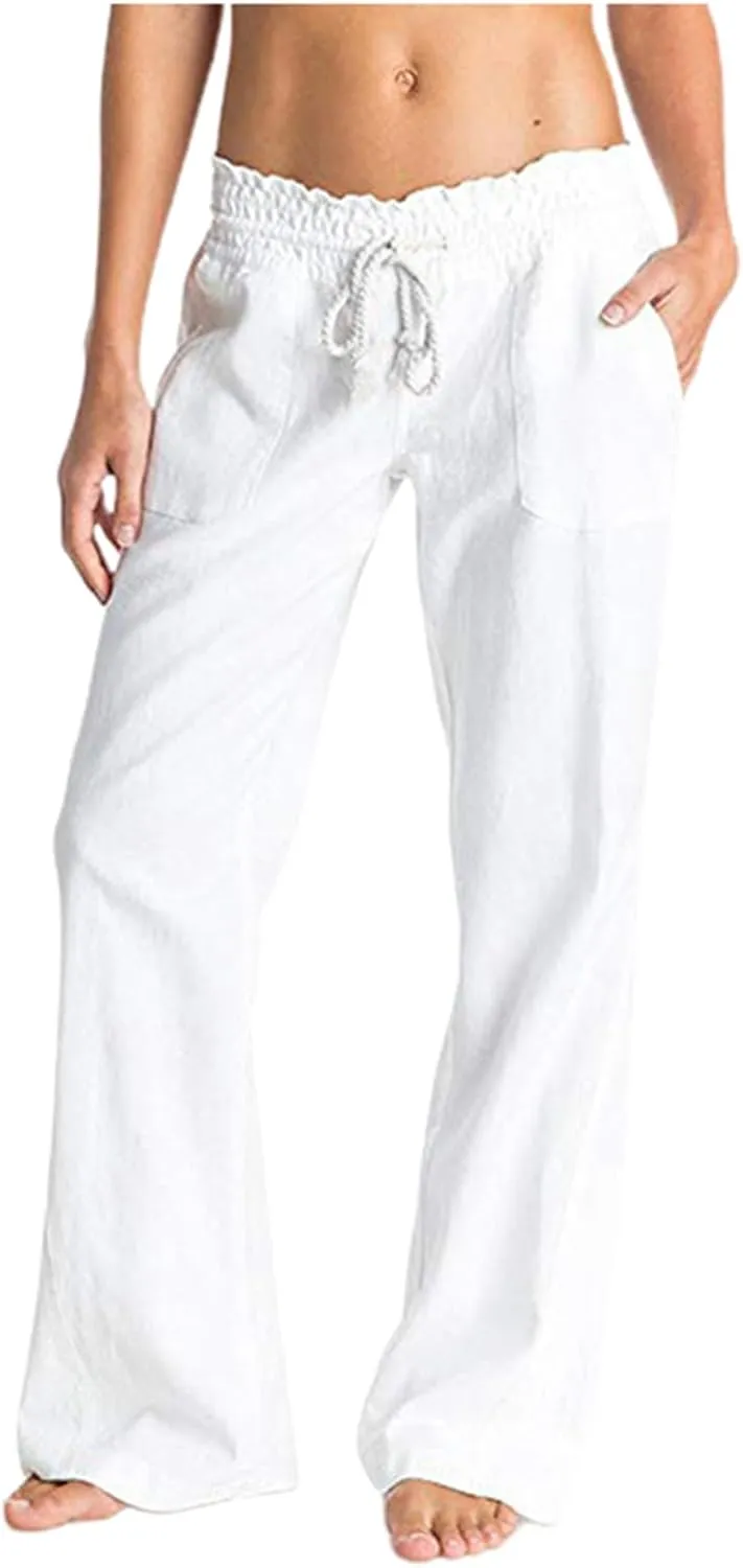 Womens Linen Pants Casual Dressy Drawstring Waist Pants Comfy Straight Leg Fitted Yoga Long Trousers with Pockets