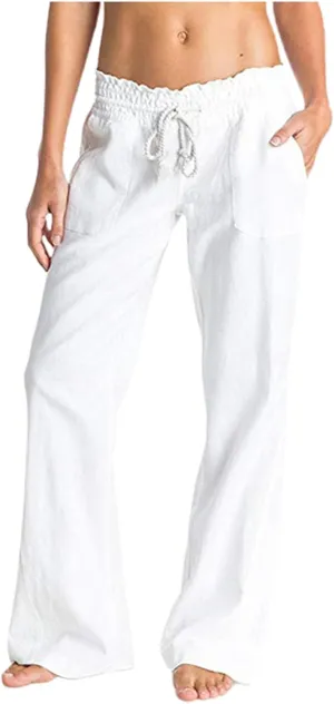 Womens Linen Pants Casual Dressy Drawstring Waist Pants Comfy Straight Leg Fitted Yoga Long Trousers with Pockets