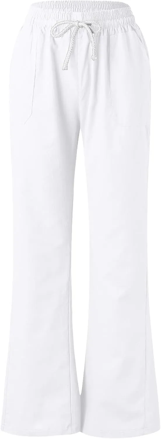 Womens Linen Pants Casual Dressy Drawstring Waist Pants Comfy Straight Leg Fitted Yoga Long Trousers with Pockets