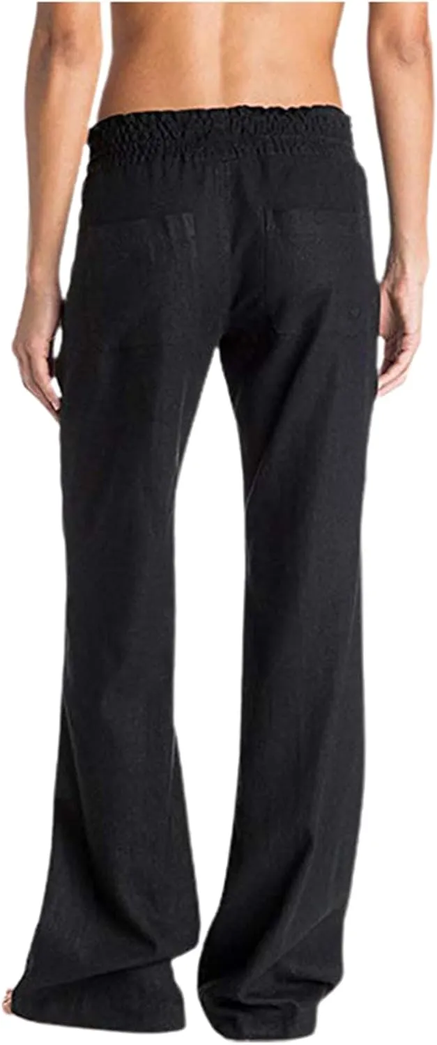 Womens Linen Pants Casual Dressy Drawstring Waist Pants Comfy Straight Leg Fitted Yoga Long Trousers with Pockets