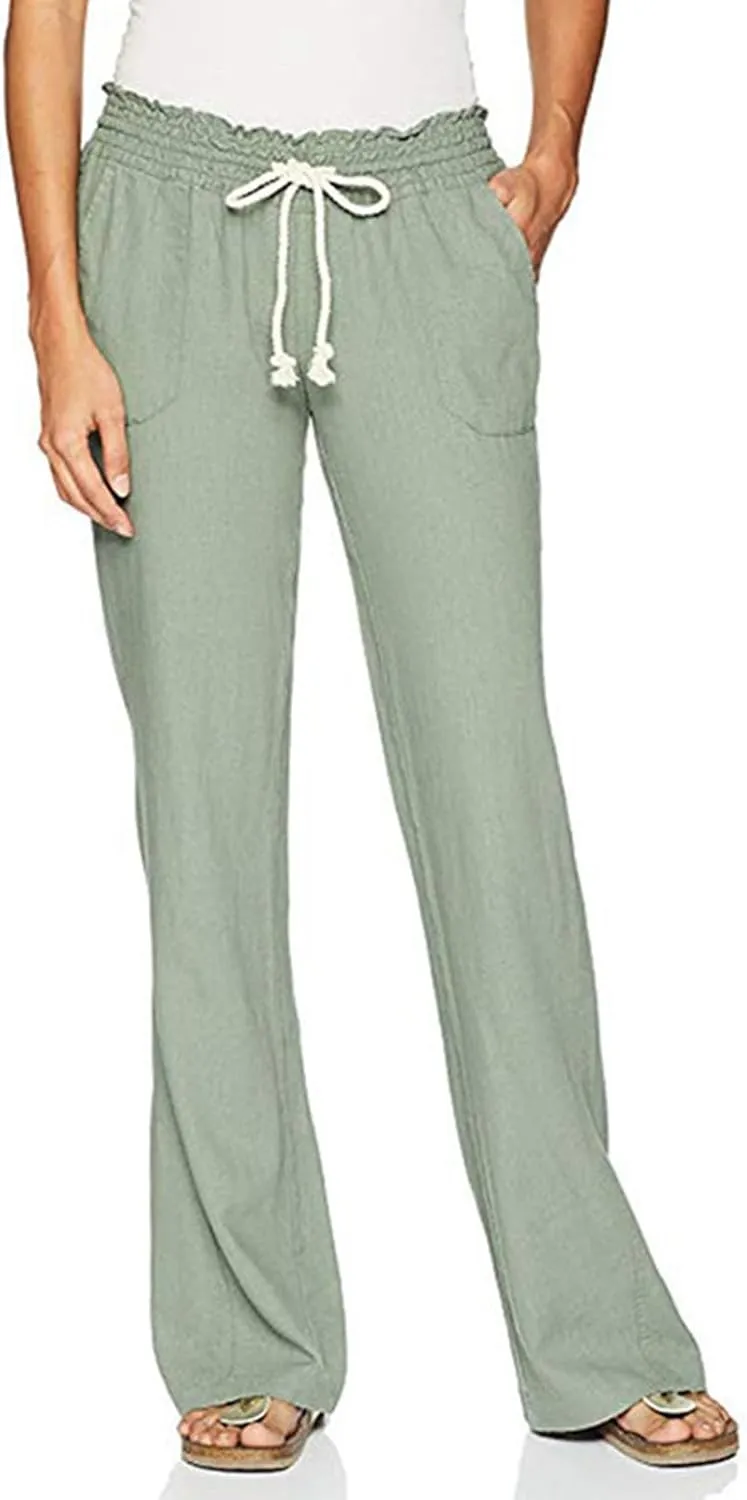 Womens Linen Pants Casual Dressy Drawstring Waist Pants Comfy Straight Leg Fitted Yoga Long Trousers with Pockets