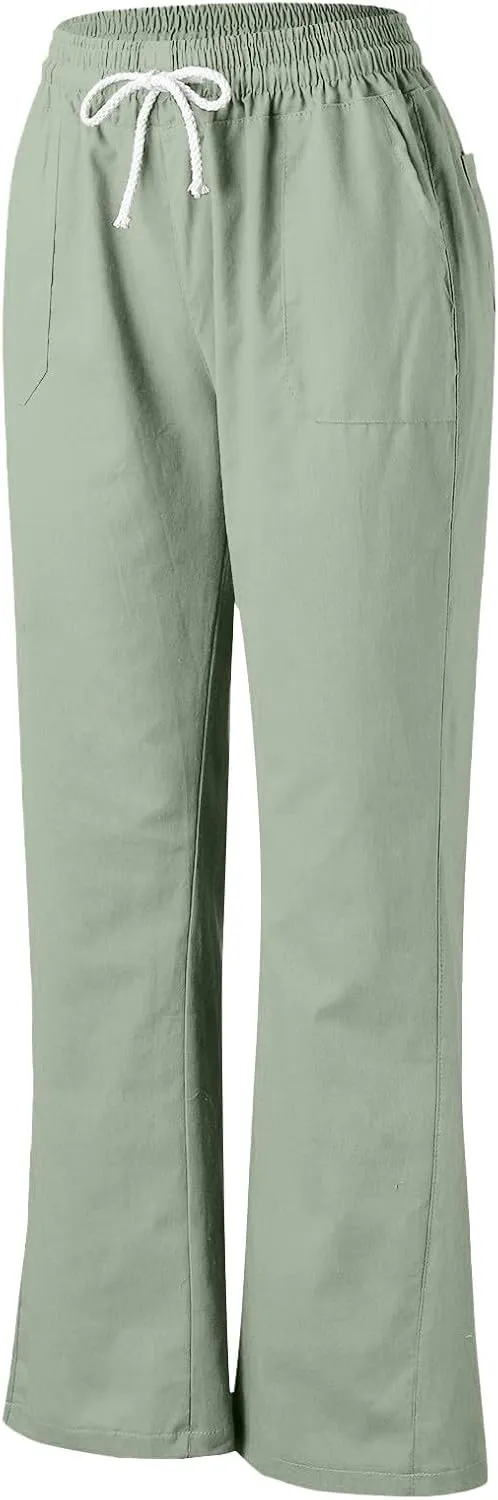 Womens Linen Pants Casual Dressy Drawstring Waist Pants Comfy Straight Leg Fitted Yoga Long Trousers with Pockets