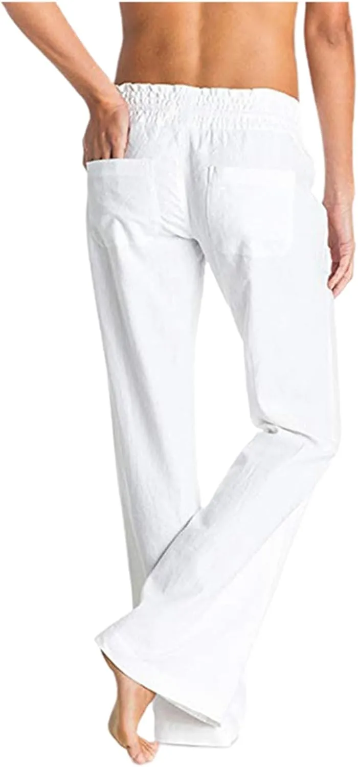 Womens Linen Pants Casual Dressy Drawstring Waist Pants Comfy Straight Leg Fitted Yoga Long Trousers with Pockets