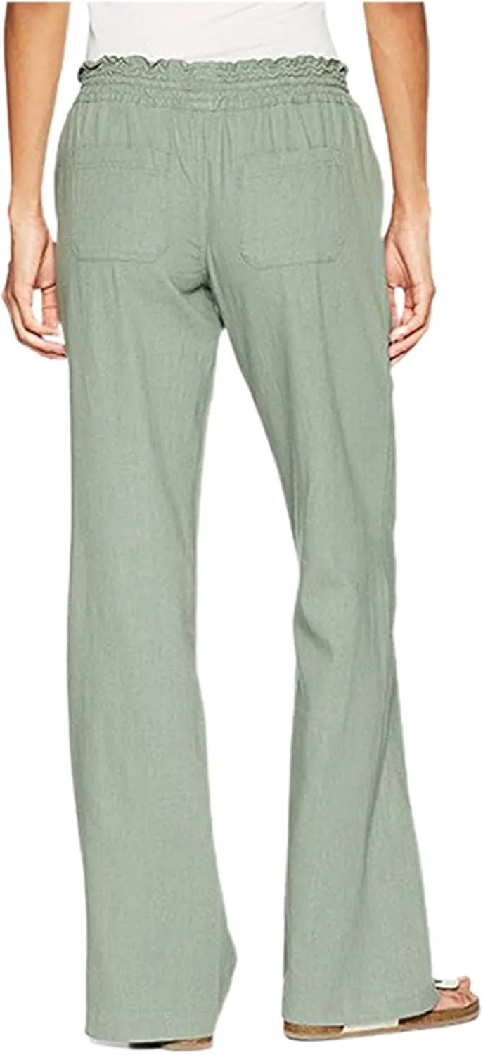 Womens Linen Pants Casual Dressy Drawstring Waist Pants Comfy Straight Leg Fitted Yoga Long Trousers with Pockets