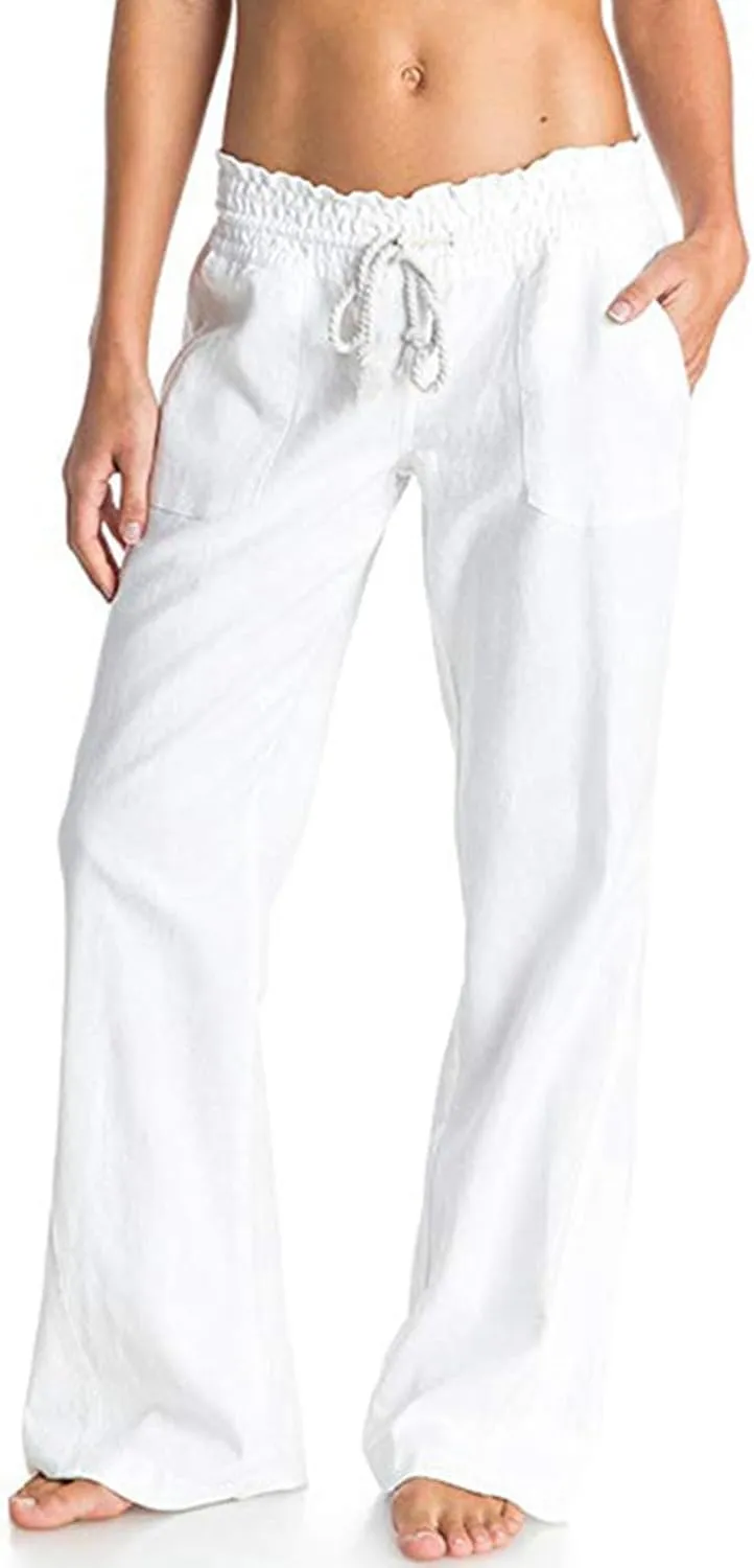 Womens Linen Pants Casual Dressy Drawstring Waist Pants Comfy Straight Leg Fitted Yoga Long Trousers with Pockets