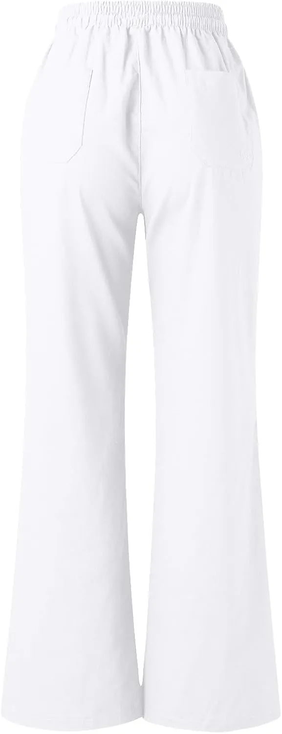 Womens Linen Pants Casual Dressy Drawstring Waist Pants Comfy Straight Leg Fitted Yoga Long Trousers with Pockets