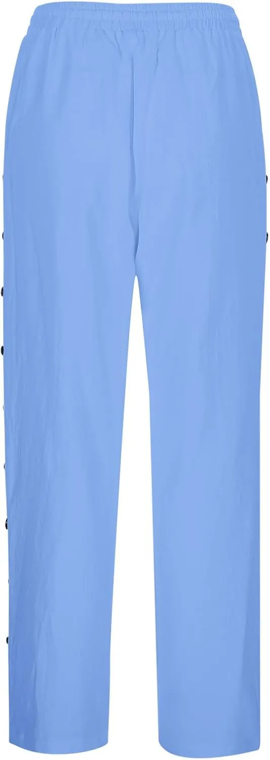 Women's Linen Pants with Side Buttons Summer Casual Lightweight Elastic Hight Waist Drawstring Loose Trousers