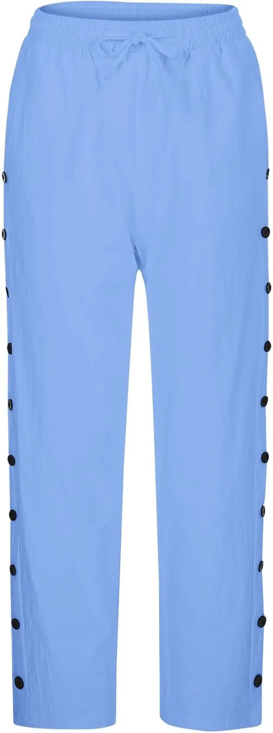 Women's Linen Pants with Side Buttons Summer Casual Lightweight Elastic Hight Waist Drawstring Loose Trousers