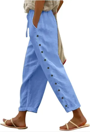 Women's Linen Pants with Side Buttons Summer Casual Lightweight Elastic Hight Waist Drawstring Loose Trousers