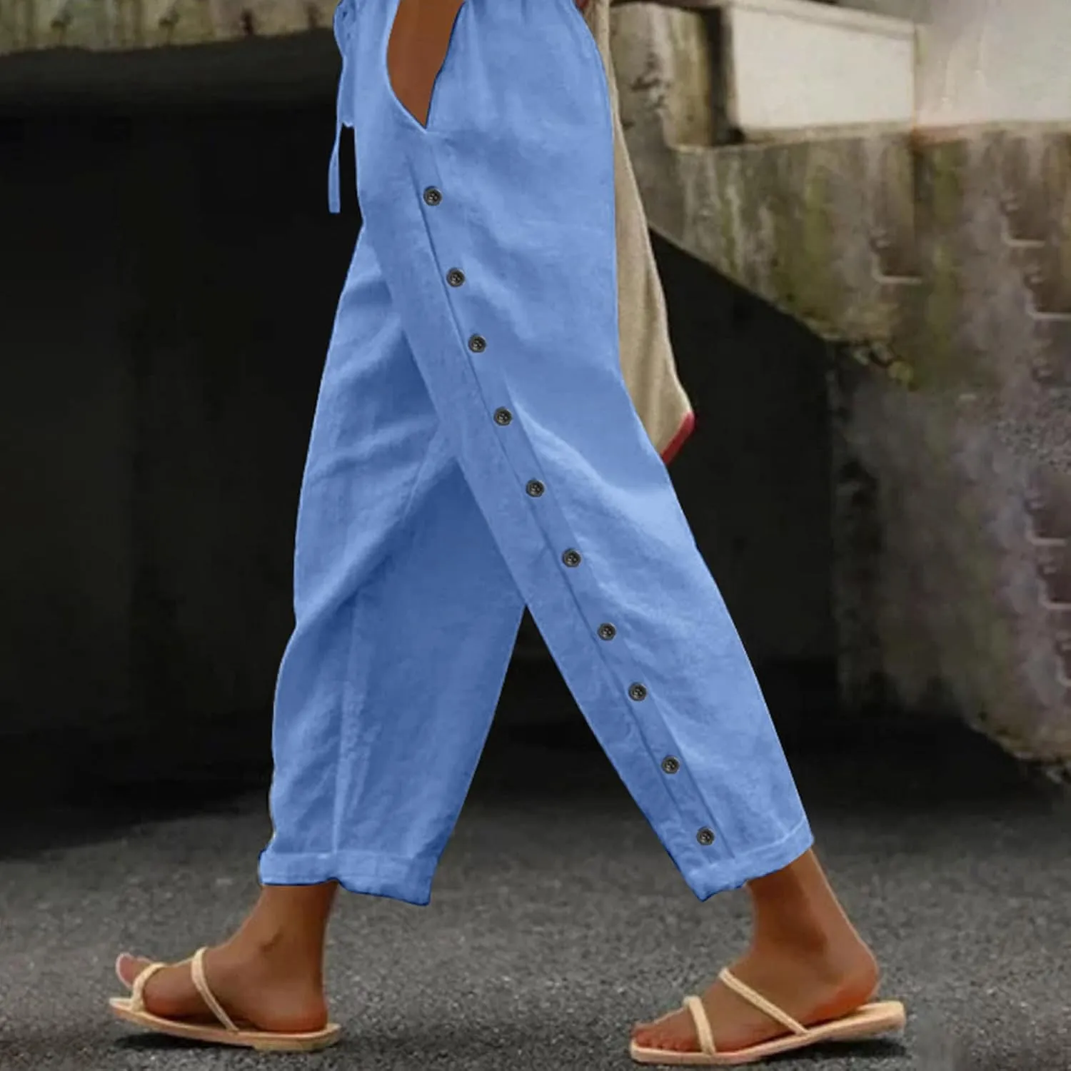 Women's Linen Pants with Side Buttons Summer Casual Lightweight Elastic Hight Waist Drawstring Loose Trousers