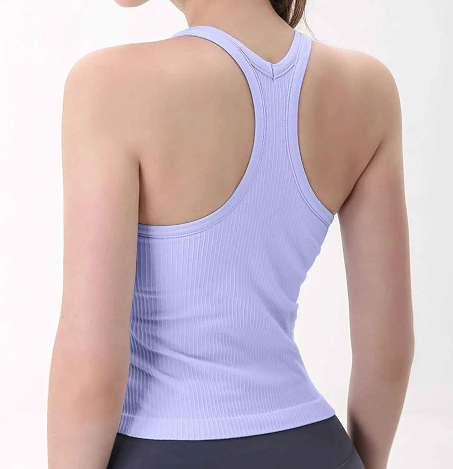 Womens Longline Sports Bra Ribbed Seamless Wirefree Padded Tank Tops Medium Support Workout Casual Crop Tops