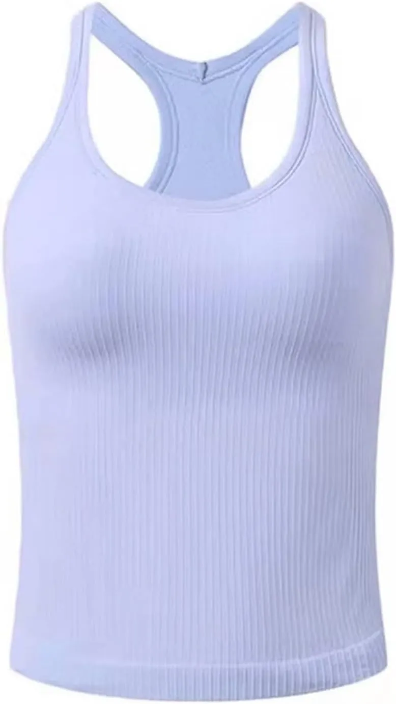 Womens Longline Sports Bra Ribbed Seamless Wirefree Padded Tank Tops Medium Support Workout Casual Crop Tops