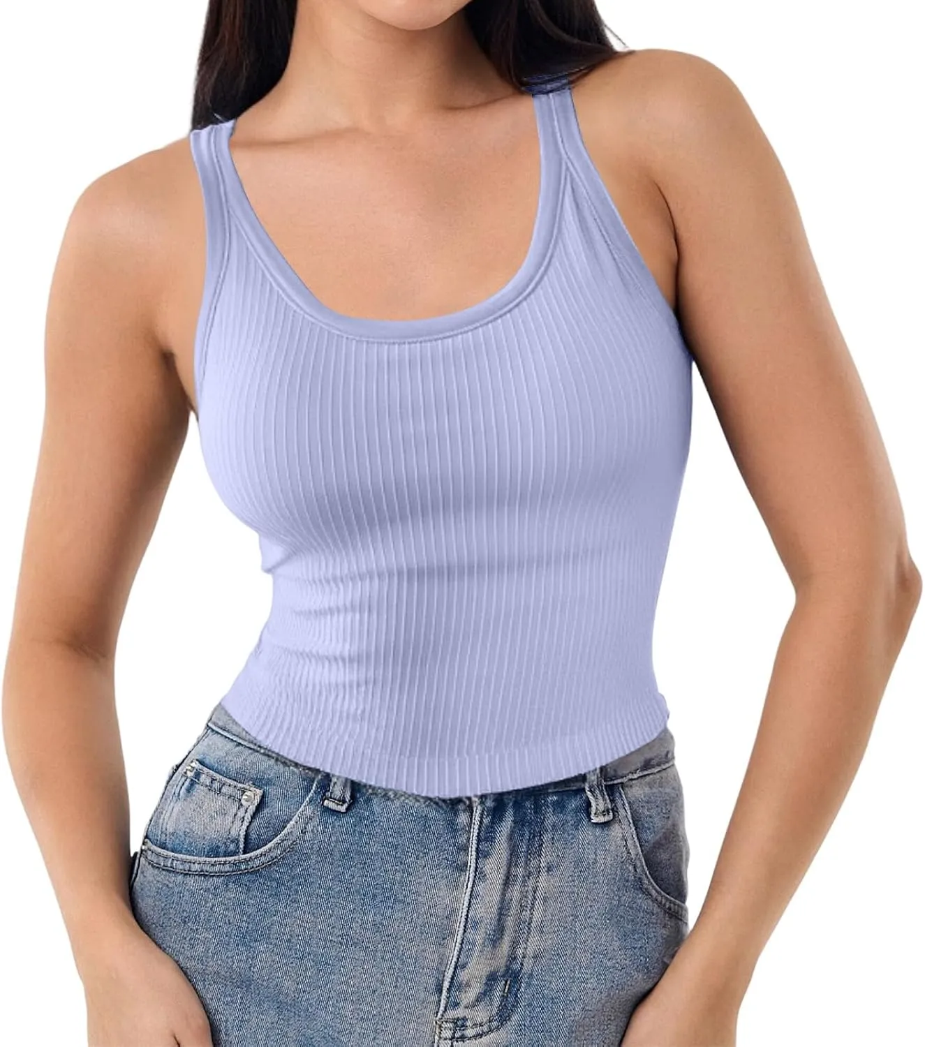 Womens Longline Sports Bra Ribbed Seamless Wirefree Padded Tank Tops Medium Support Workout Casual Crop Tops