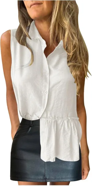 Women's Ruched Casual Button Down Vest, Summer Lightweight Comfy Daily Going Out Clothes Sleeveless Vacation Tops