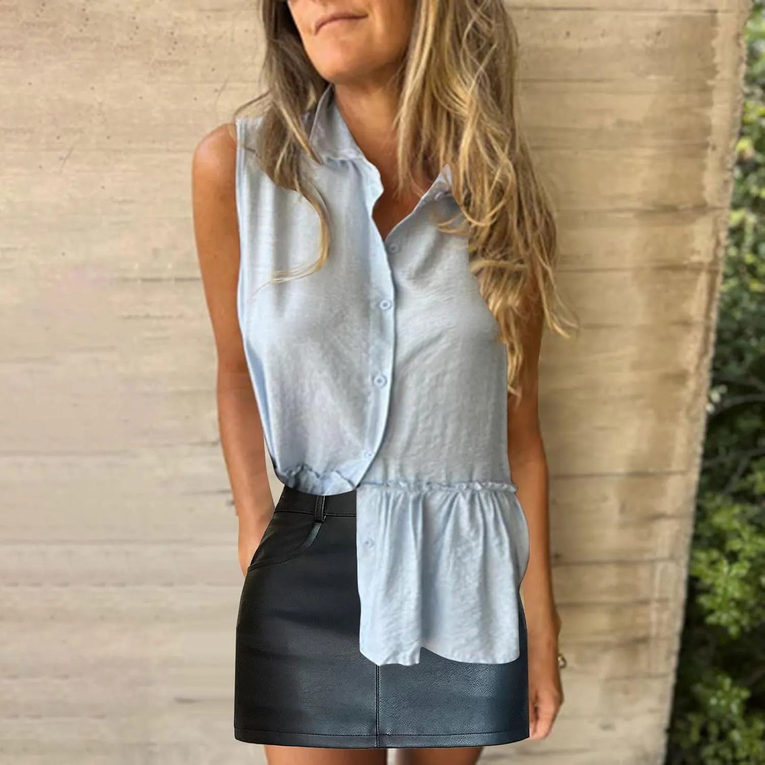 Women's Ruched Casual Button Down Vest, Summer Lightweight Comfy Daily Going Out Clothes Sleeveless Vacation Tops