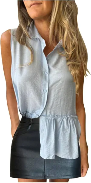 Women's Ruched Casual Button Down Vest, Summer Lightweight Comfy Daily Going Out Clothes Sleeveless Vacation Tops