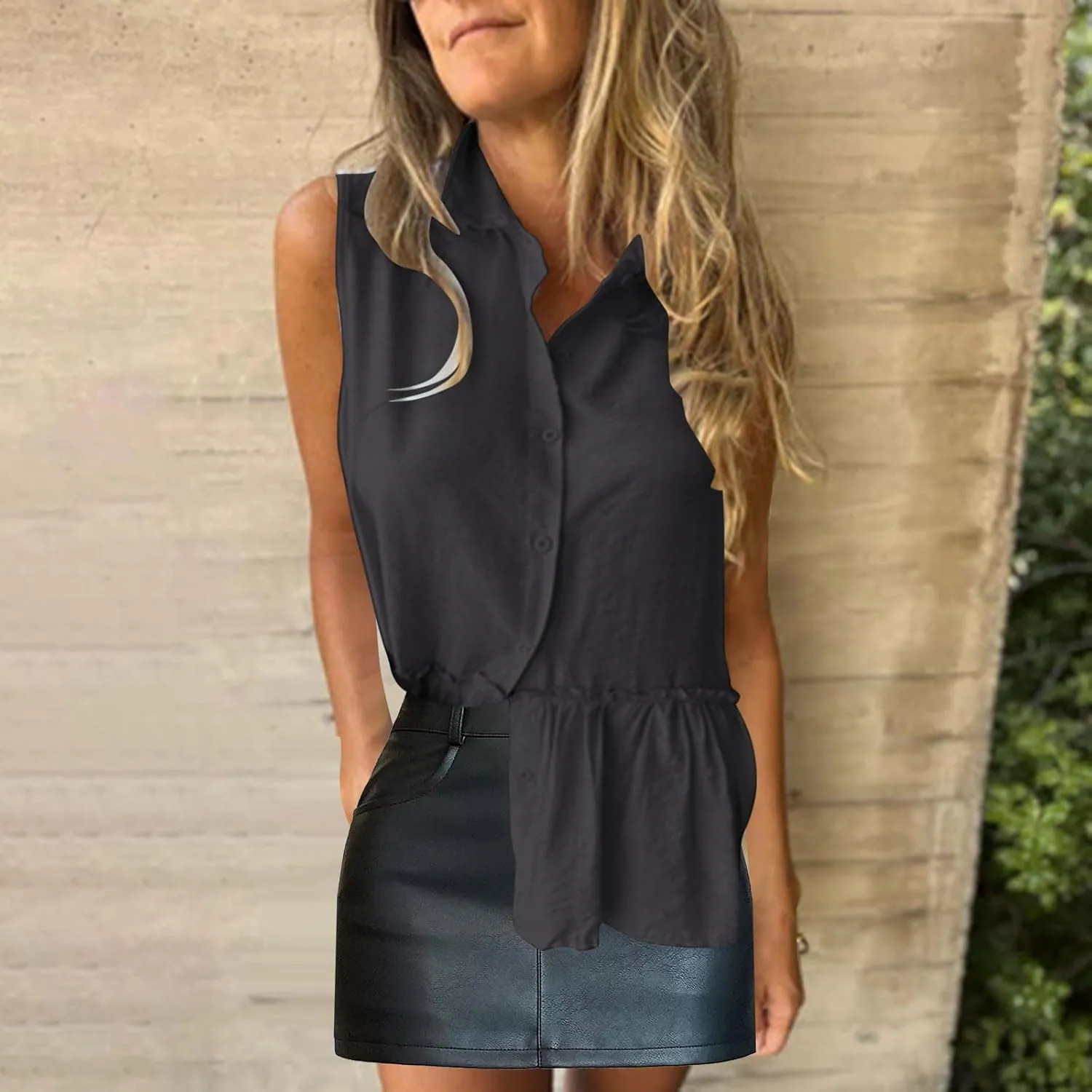 Women's Ruched Casual Button Down Vest, Summer Lightweight Comfy Daily Going Out Clothes Sleeveless Vacation Tops