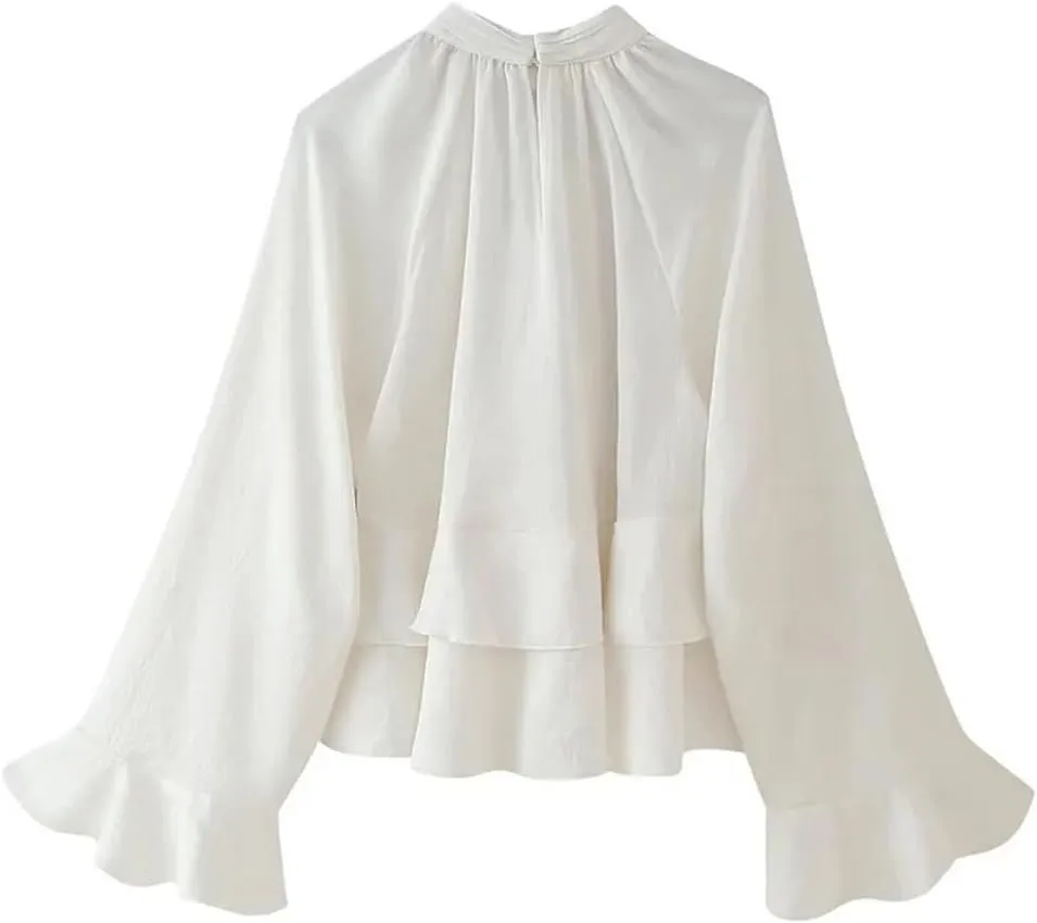 Women's Ruffled Elegant Blouses Long Sleeve Cropped Shirts Short Tops