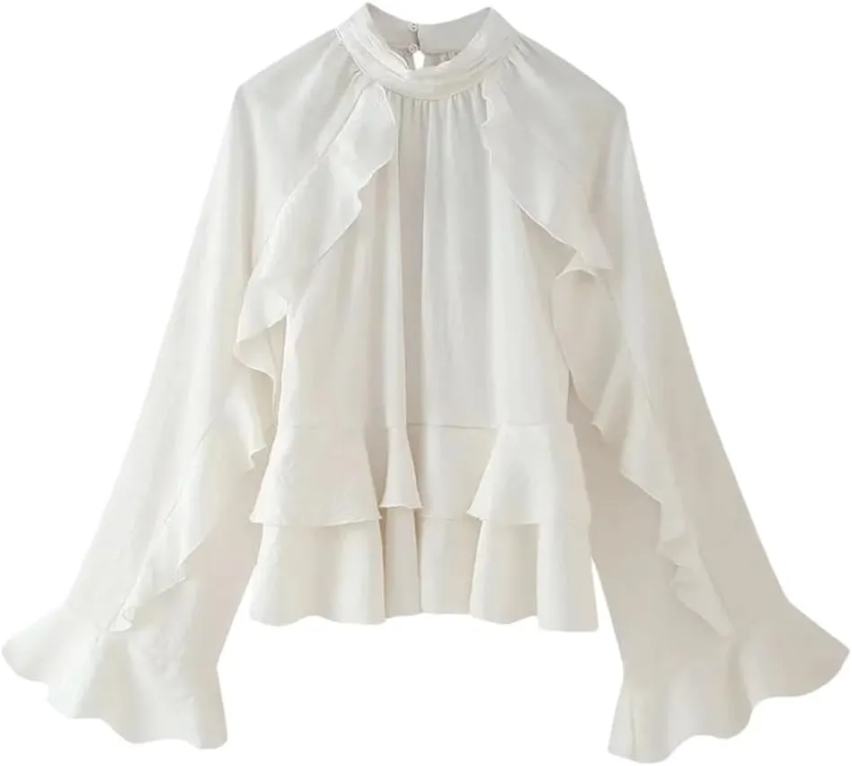 Women's Ruffled Elegant Blouses Long Sleeve Cropped Shirts Short Tops