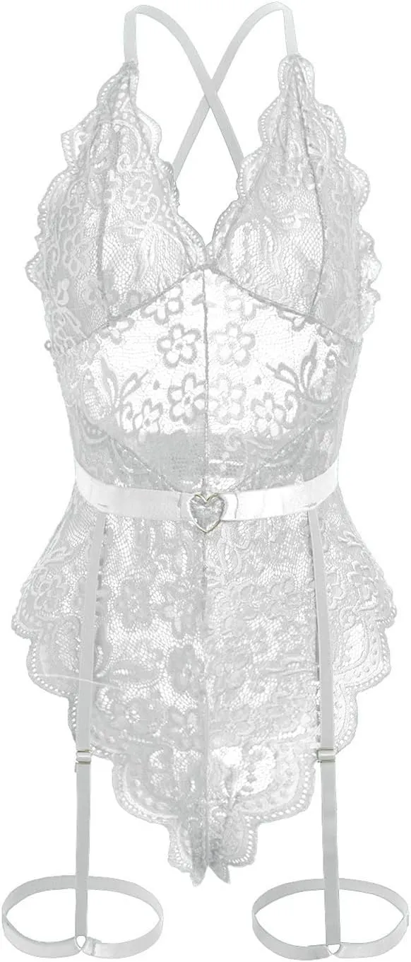 Women's Sexy Lace Bodysuit with Suspenders - Elegant and Alluring Lingerie