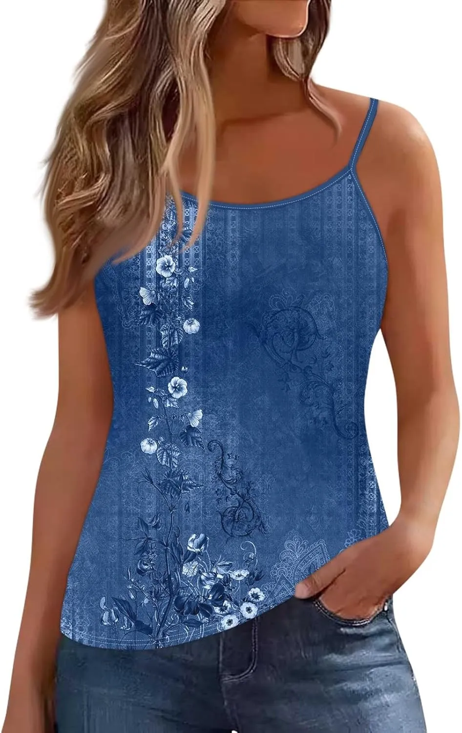 Women's Sleeveless Floral Print Summer Top Casual Loose Fit Spaghetti Strap Blouse for Beach and Daily Wear