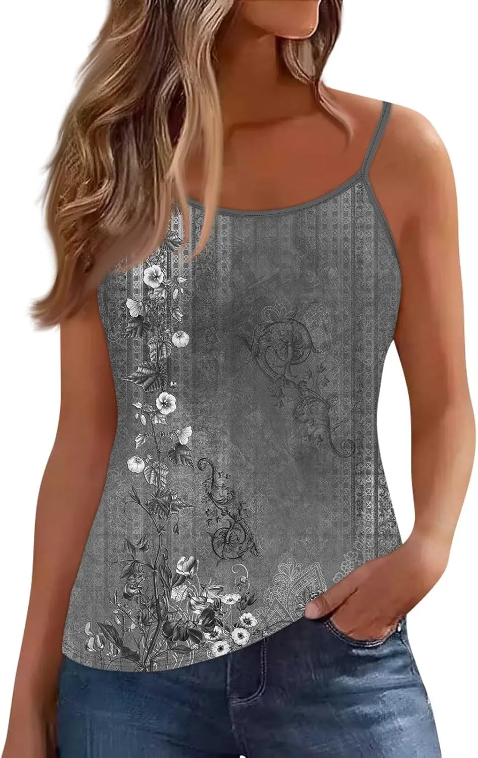Women's Sleeveless Floral Print Summer Top Casual Loose Fit Spaghetti Strap Blouse for Beach and Daily Wear