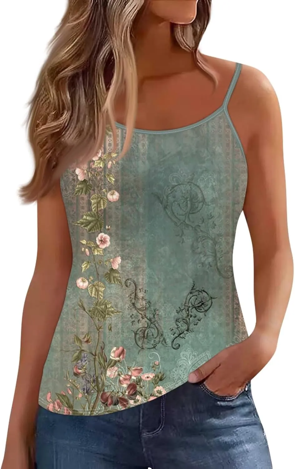 Women's Sleeveless Floral Print Summer Top Casual Loose Fit Spaghetti Strap Blouse for Beach and Daily Wear