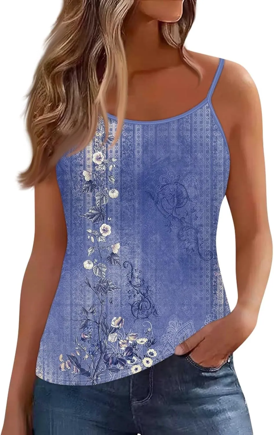 Women's Sleeveless Floral Print Summer Top Casual Loose Fit Spaghetti Strap Blouse for Beach and Daily Wear