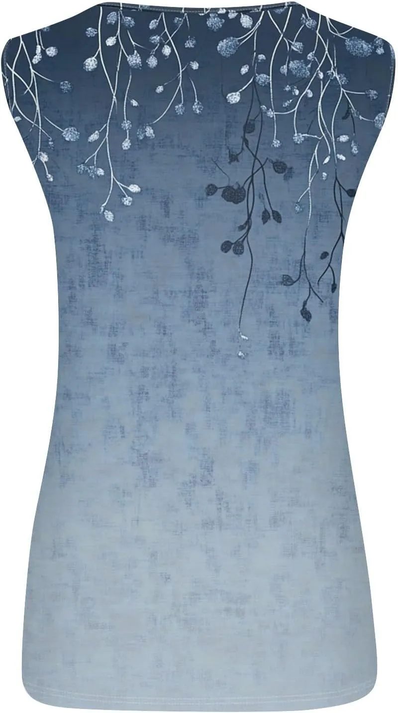 Women's Sleeveless Gradient Tank Top with Floral Embellishments,Casual Summer Blouse for Beach and Daily Wear