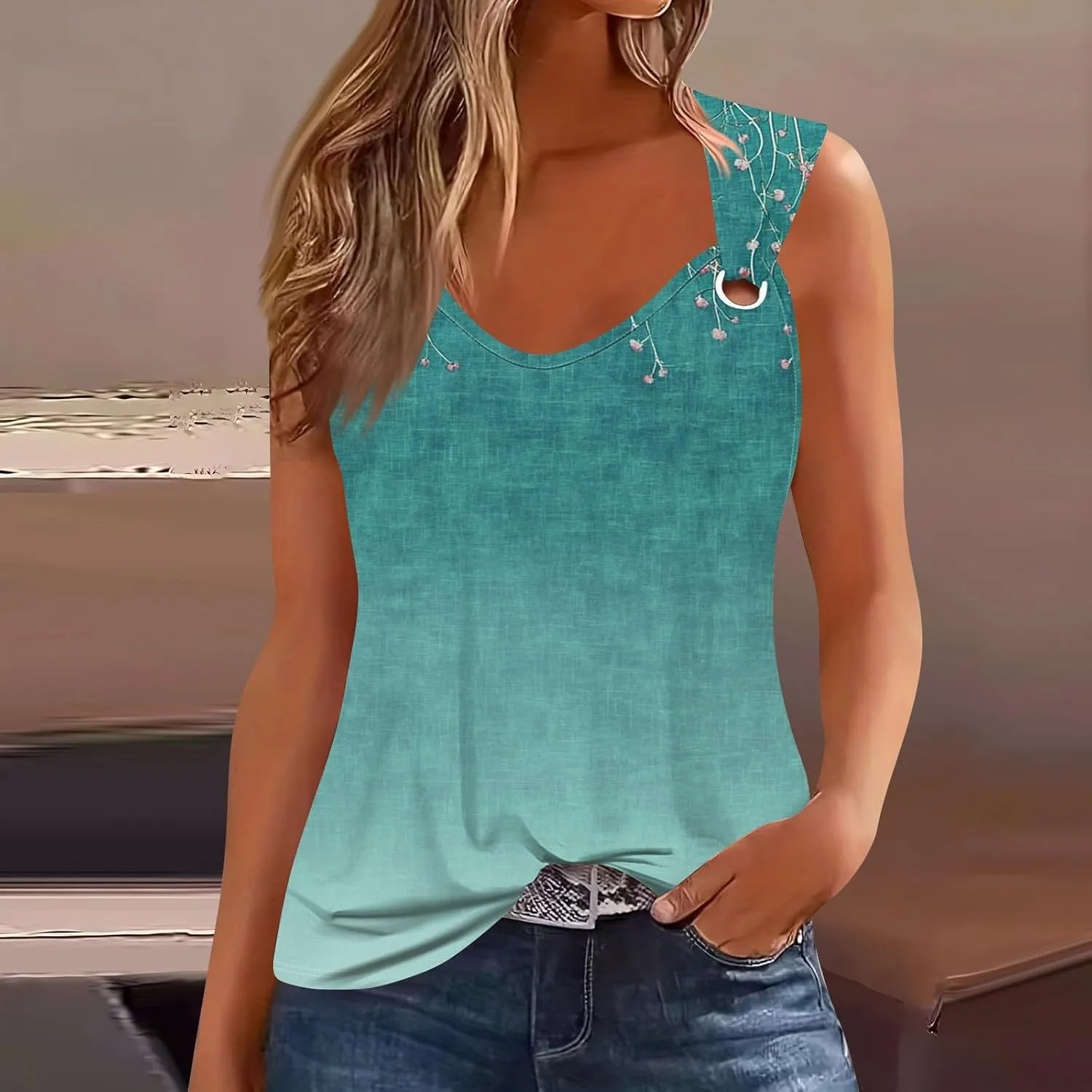 Women's Sleeveless Gradient Tank Top with Floral Embellishments,Casual Summer Blouse for Beach and Daily Wear