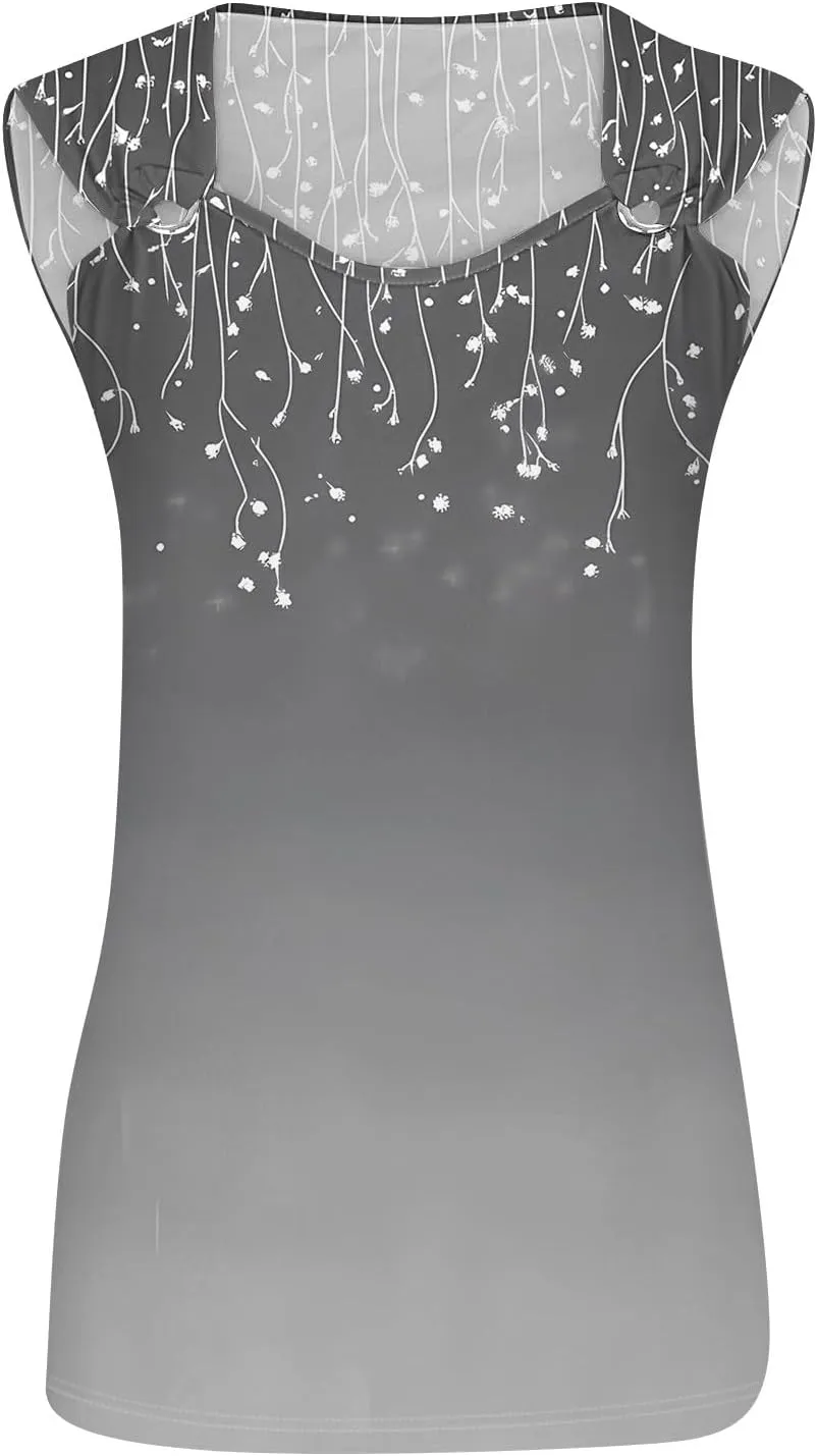 Women's Sleeveless Gradient Tank Top with Floral Embellishments,Casual Summer Blouse for Beach and Daily Wear