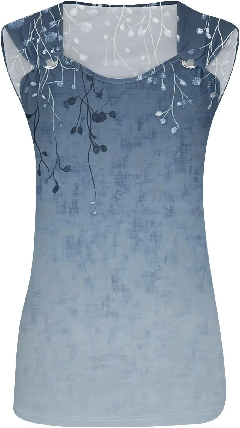 Women's Sleeveless Gradient Tank Top with Floral Embellishments,Casual Summer Blouse for Beach and Daily Wear