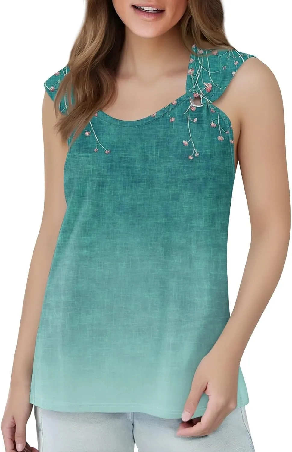 Women's Sleeveless Gradient Tank Top with Floral Embellishments,Casual Summer Blouse for Beach and Daily Wear