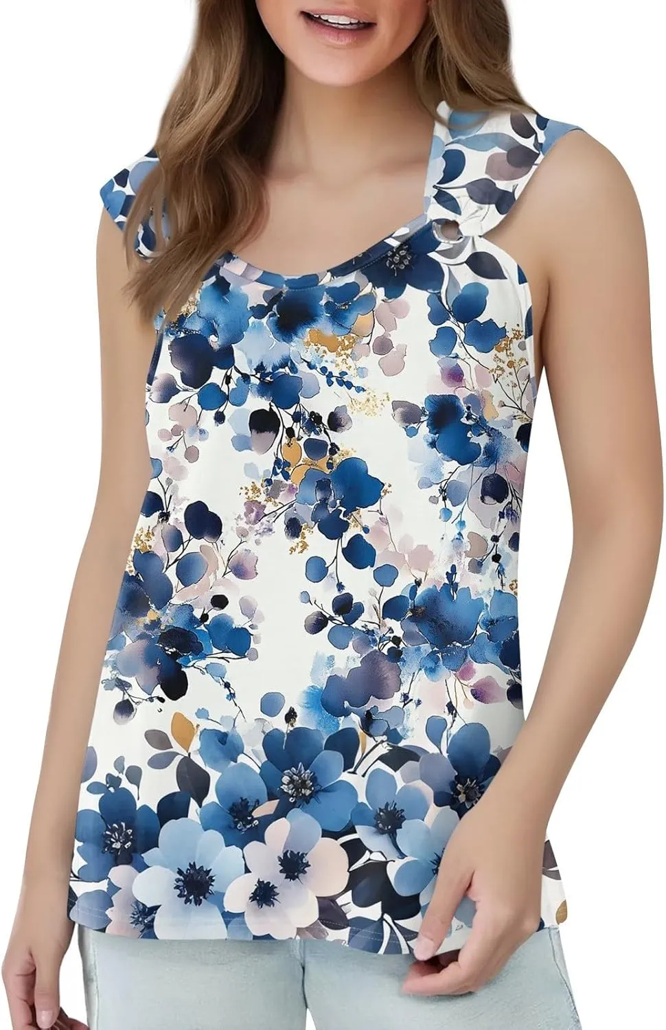 Women's Sleeveless Gradient Tank Top with Floral Embellishments,Casual Summer Blouse for Beach and Daily Wear