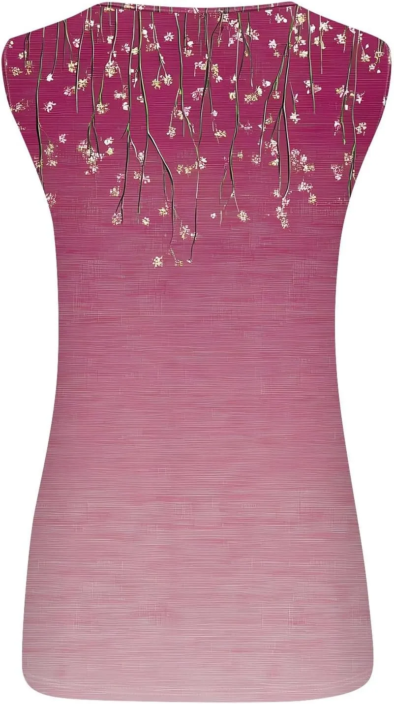 Women's Sleeveless Gradient Tank Top with Floral Embellishments,Casual Summer Blouse for Beach and Daily Wear