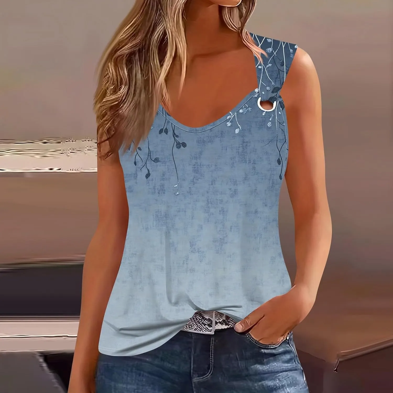 Women's Sleeveless Gradient Tank Top with Floral Embellishments,Casual Summer Blouse for Beach and Daily Wear