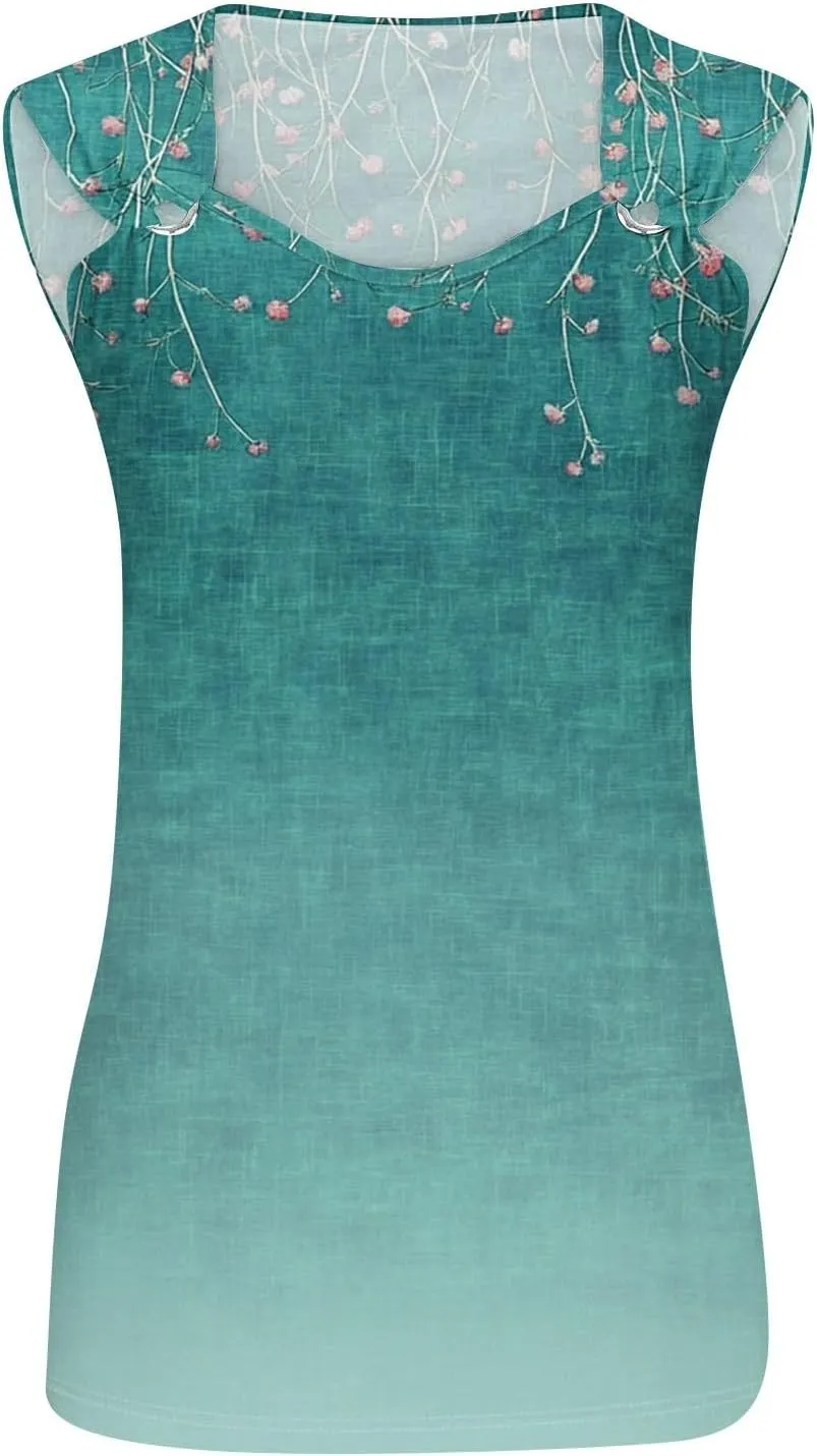Women's Sleeveless Gradient Tank Top with Floral Embellishments,Casual Summer Blouse for Beach and Daily Wear