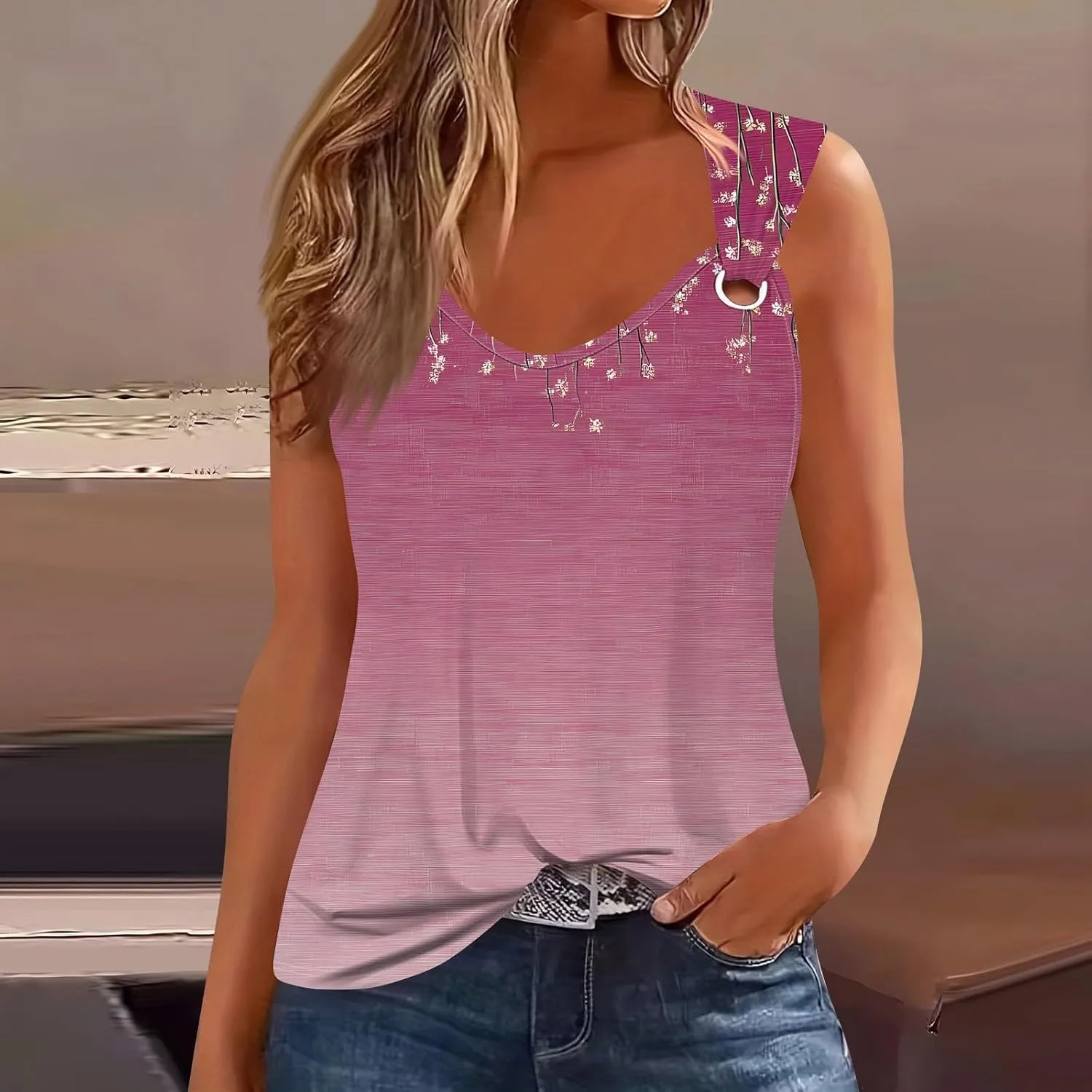 Women's Sleeveless Gradient Tank Top with Floral Embellishments,Casual Summer Blouse for Beach and Daily Wear